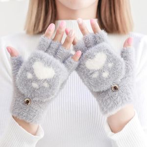 Five Fingers Gloves Winter Warm Soft Fur Knit Mittens Women Flip Half Finger Plush Thick Cute Cartoon Cat Claw Touch Screen Driving I1