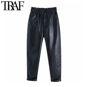 TRAF Women Vintage Stylish Faux Leather High Waisted Harem Pants Fashion Elastic Paperbag Waist Pockets Female PU Ankle Trousers 210415