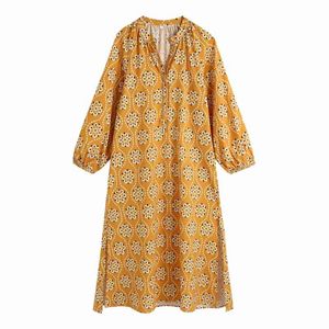 Sommar kvinnor blomma utskrift sida slits gul midi skjorta klänning kvinnlig lykta ärm kläder casual lady lös vestido d7678 210430
