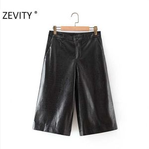 Zevity Women Animal Skin Calf Length Pants Female Casual Pocket Faux Leather Straight Trousers Office Pantalones Mujer P957 210603