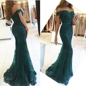 Robe femme Weg von der schulter Langes Kleid Meerjungfrau Abendkleid Spitze Robe De Soiree longue Formale Kleid abiye gece elbisesi grün