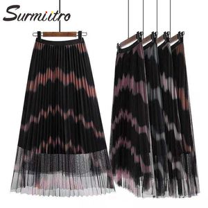 Surmiitro vår sommar koreansk stil 3 lager gradient mesh kvinnor mesh hög midja lång midi tulle pläterad kjol kvinna 210712