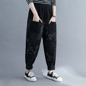 Стиль осенью стиль плюс размер женские джинсы эластичные талии винтажные печатные хлопковые джинсовые брюки гарема Femme свободный S47 210512