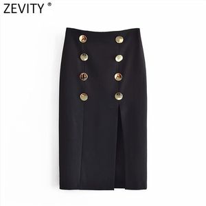 Zevity 여성 빈티지 더블 브레스트 디자인 블랙 스트레이트 미디 스커트 Faldas Mujer 여성용 백 지퍼 분할 vestidos QUN755 210621