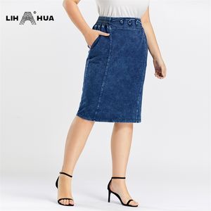 Lih Hua Mulheres Plus Size Casual Denim Saia Alta Flexibilidade Moda Thitted 210629