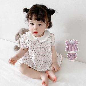 2pcs baby flicka blommig klänning spädbarn koreanska romer set född toddler vintage med byxor sommar barn bomull kläder 210615