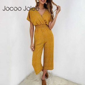 JOCOO Jolee Yaz Polka Dot Şifon Tulum Rahat Kısa Kollu V Boyun Geniş Bacak Gevşek Tulum Boho Beach Rompers 210619