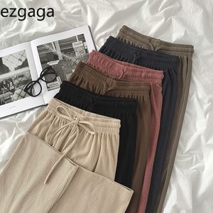 Ezgaga byxor Kvinnor Joggare Korea Style Loose High Waist Byxor Drawstring Stretch Wide Long Long Trouser Solid Elegant Casual 210430
