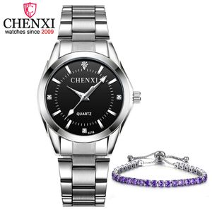 2pcs / set innehåller kvinnor kvarts klockor och mode smycken armband Chenxi mode casual armbandsur damer lyx märke klocka Q0524