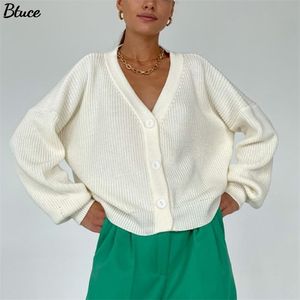 Lady Casual V-neck Knitted Loose Cardigan Women Buttons Lantern Sleeve Sweaters Female Basic White Autumn Winter Tops 210918