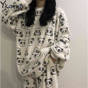 Kış Sıcak Panda Polar Beyaz Pijama Kadınlar Sonbahar Siyah Pijama ile Pantolon Kadın Flanel Boy Homewear 2 adet Suit 210421