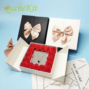 Brilhão para presente Bowknot Box Boxt Artificial Rose Flower Jewelry Packaging Wedding Dia dos namorados Festa de Natal Mães menina