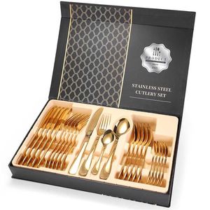 24 Pz / set Posate d'oro Luce speculare Coltello da bistecca in acciaio inossidabile Forchetta Cucchiaio da caffè Cucchiaino Set di posate da ristorante di lusso per la casa 211108