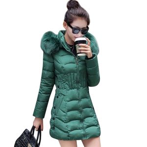Fur Hooded Women Winter Down Jacket Bomull Slim Overcoat Elegant Casual Långärmad Big Coat Parka 211013