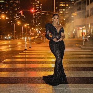 Black Sexy Evening Dress Plus Size Lace Sequined See Thru Mermaid Prom Gowns Deep V Neck Vestidos De Novia Estidos
