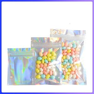 Multi-tamanhos Limpar + Bloqueio de Zip Holográfico Mylar Doces Doces Embalagem Sacos 100 pçs / lote Presente Embalagem Zipper Selagem Bolsa Alimentar Saco de Holograma