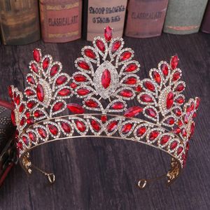 Haar clips barrettes luxe barok goud rood kristal bruiloft kroon haarband mode prinses grote bruidstoebehoren bruid tiaras