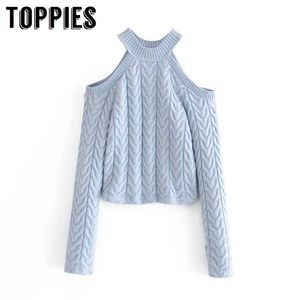 Toppies Nova Moda Blue Knit Sweater Mulheres Off Ombro Pulôver Primavera Outwear 210412