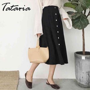 Tataria High Waisted Skirt for Women Vintage Elegant Solid Mid-calf s Elastic Waist A-line OL Summer 210514