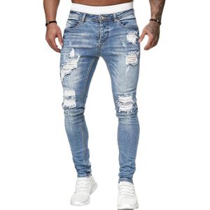 Moda masculina buraco azul jeans magros simples zíper calças apertadas respirável e confortável calças masculinas