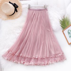 Reine Farbe Spitze Häkeln Blume Saum Sommer Lange Vintage Frauen Hohe Taille Boho Rock Faldas Jupe Femme Saia Röcke