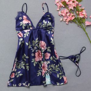 Kadın Moda Lingerie Pijama Menina Baskı Pijama Seksi Saten Gecelik Bayanlar Tanga Gecelikler Dantel Günaha Iç Çamaşırı Q0706