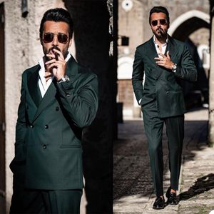 Tuftured Mens Negócios Tuxedos Escuro Verde Duplo Homens Breasted Homens Pant Terno Prom Festa Casamento Casamento Suits Outfit (Casaco + Calças)