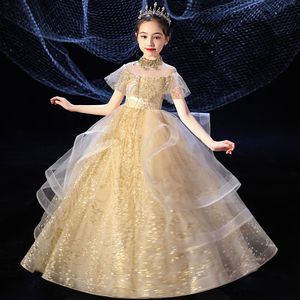 Sier Bling Sequin Girls Pageant Fluffy Lace Wedding Gown Ruched Flower Girl Ball Gowns Party Dresses For Baby 403