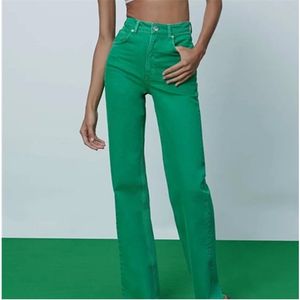 A moda das mulheres da primavera é fina e cintura alta luminosa jeans verde amarelo brilhante 210809