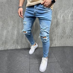 Novos homens casuais jeans buracos no joelho fashional magro denim lápis calças branqueadas hiphop rasgado lavado cintura média de alta qualidade