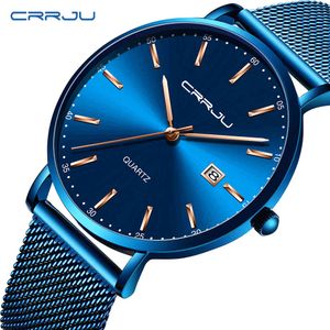 reloj hombre CRRJU Top Brand Luxury Blue Waterproof Watches Slim Stylish Date Casual Quartz Watch Men Sports Mesh Strap Clock 210517