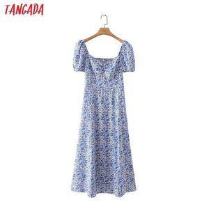 Tangada Summer Women Blue Flowers Print Vintage Dress Square Neck Krótki Rękaw Panie Midi Robe 2m56 210609