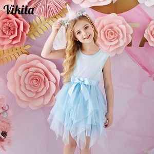 VIKITA Girls Dress Summer Girls Bow-Knot Clothes Kids Lace Tulle Vestidos Children Princess Dress Party Sleeveless Dresses Q0716