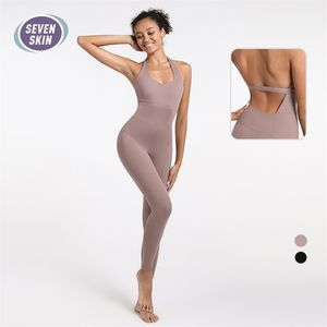 SEVEN SKIN Backless Sexy Yoga Sets Elastic Naked-Feel Women Jumpsuit Set Gym Fitness Sleeveless Sportswear Suit 210802