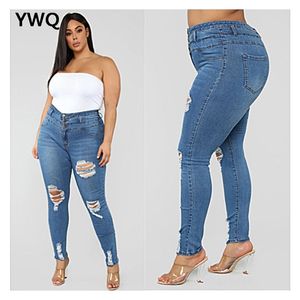 Plus storlek hög midja jeans kvinna skinny ripped stor last byxa mode smal tight hål mamma byxor 210629