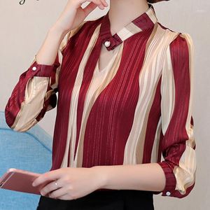 Women Fashion Striped Chiffon Blouse Female Long Sleeve Tops Elegant Office Lady Shirts Plus Size 2021 Women's Blouses &