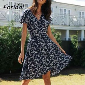 Foridol Floral Impressão Verão Wrap Vestido Mulheres V Pescoço Curto Marinho Azul Beach Algodão Algodão Revestido Vestido Vestido Vintage 210415