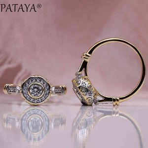 Pataya Nowy 585 Rose Gold Lovely Carved Natural Cyrkon Pierścienie Kobiety Biżuteria Wedding Fine Craft Hollow Okrągły biały pierścień