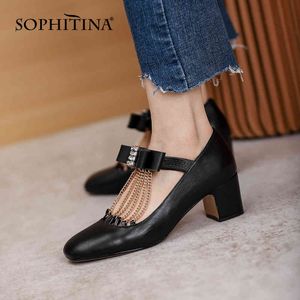 Sophitina Pumps Woman Mary Janes Crystal Chain Butterfly-knot T-rem Elastisk Band Högt kvadrat Heel Lady Shoes PB05 210513