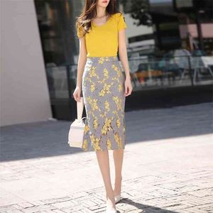 skirt summer hips thin and high waist split bag Knee-Length Casual Lace Print Pencil 210416