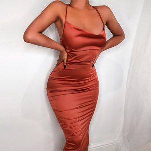 Kvinnor satin lång klänning sommargröna eleganta klänningar kvinna fest natt sexig backless spets upp smal passform bodycon midi