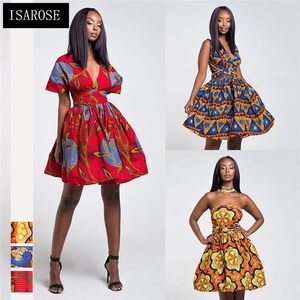 ISAROSE Short Dashiki Dress V Neck Sexy DIY Bandage African Backless Pleated Party Dresses Ankara Fashion Batik Dress for Women 210422