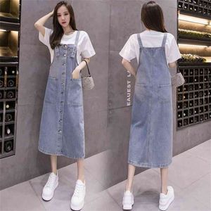 Jeans Dress Single Breasted Big Pockets Summer Midi Womens Denim Sundress Plus Size Ladies Loose Blue Suspender 5XL 210604