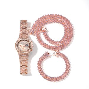 Mężczyźni Naszyjnik Iced Out Miami Cuban Chain Hip Hop Biżuteria Rose Gold Silver Diamond Watch Naszyjniki Zestaw Bransoletki