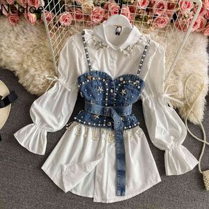 Neploe Ropa De Mujer Spring Korean Mid-length Tops Beading Vest Denim Camisole Puff Sleeve Shirt Two-piece Women's Clothing 210422