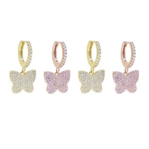 2021 Fashion Butterfly earring dangle hoop hook paved Pink CZ Earring Women Girls Jewelry rose gold color