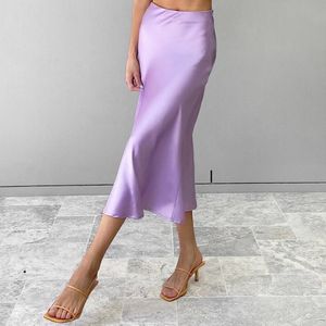 Nowa spódnica damska Satin Light Purple Long High Waist Torba Hip A-Line nad eleganckim kolanem 210419