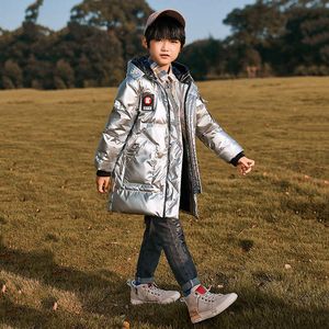 Çocuklar Kar Ayakkabıları Çocuklar toptan satış-Çocuk Giyim Kış Çocuk Aşağı Ceket Erkek Çocuk Şık Gümüş Orta Uzunlukta Kalın Sıcak Ceket Büyük Boy Su Geçirmez Rüzgar Geçirmez Kar Ceketler