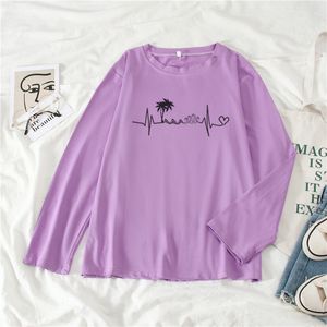 目のおやすみ夜印刷女性長袖TシャツOネックソリッドキャンディーベーシック緩い緩い韓国の女の子Tシャツ原宿夏210518