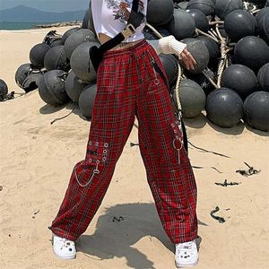 QWEEK Spodnie sprawdzone Kobiety Japońskie Streetwear Punk Cargo Spodnie Hippie Chain Harajuku Indie Y2K Estetyczne Hip 211115